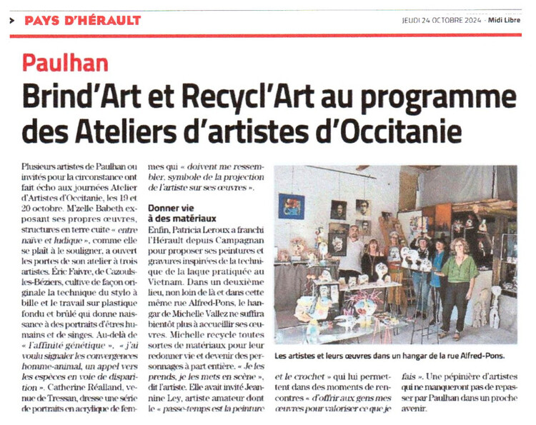 Mam'zelle Zabeth aux Journées des Ateliers d'Artistes d'Occitanie 2024 chez Brin d'Art à Paulhan