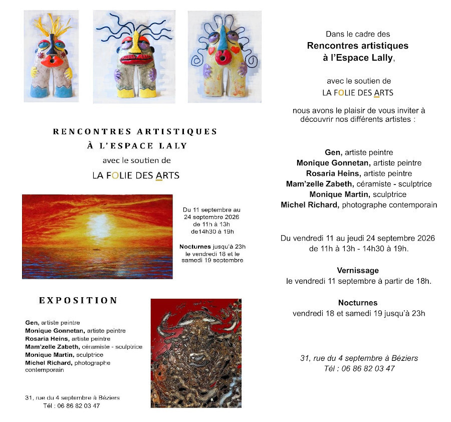 Rencontres artistiques &agrave; l'Espace Lally &agrave; B&eacute;ziers du 11 au 24 septembre 2026